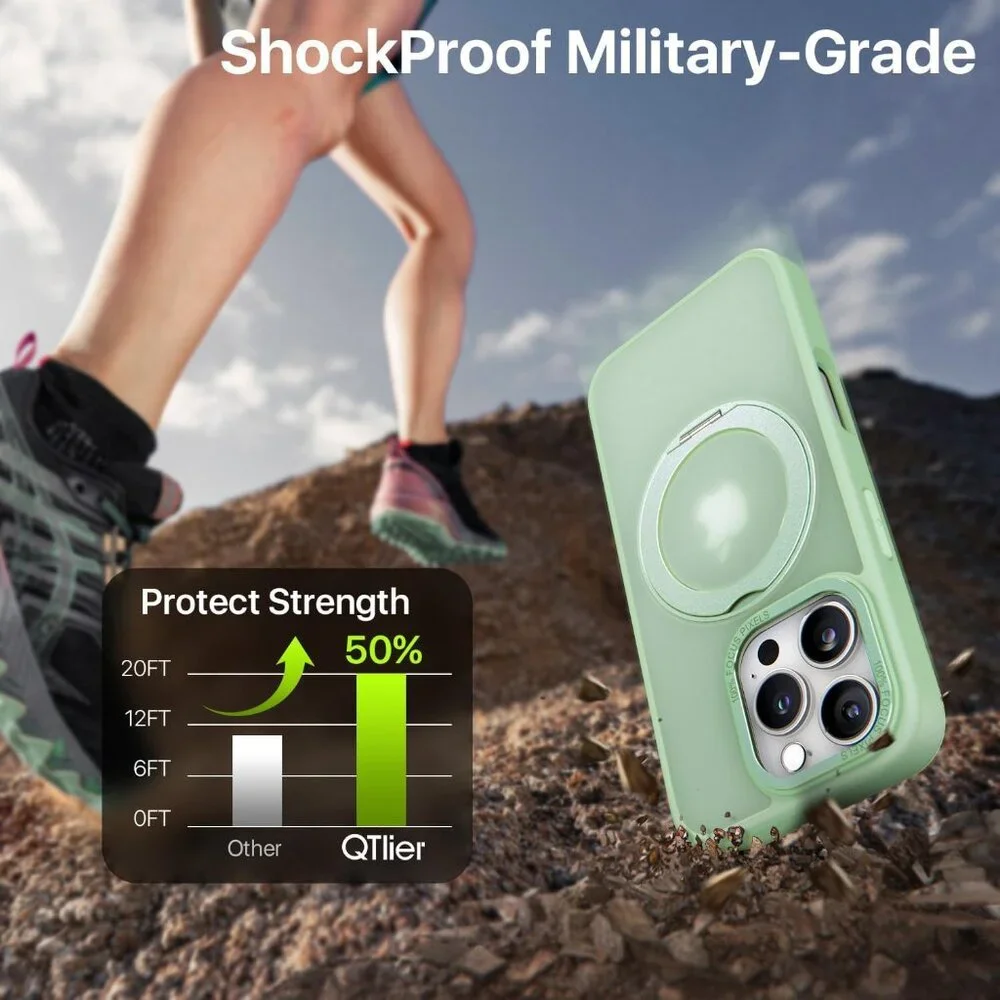 QTlier case iPhone 16pro 360 Rotatable Ring Stand Shockproof with MagSafe Green
